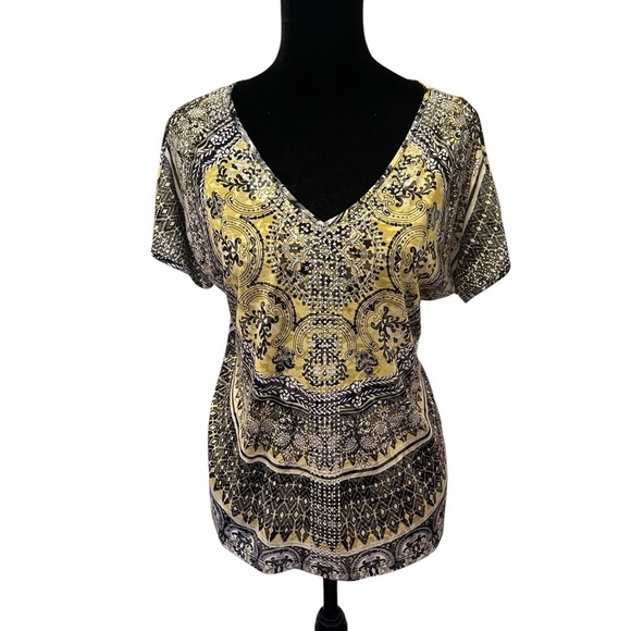 Y2K International Concepts Yellow & Black Bling Top boho hippie eclectic 70s 90s - Picture 1 of 10